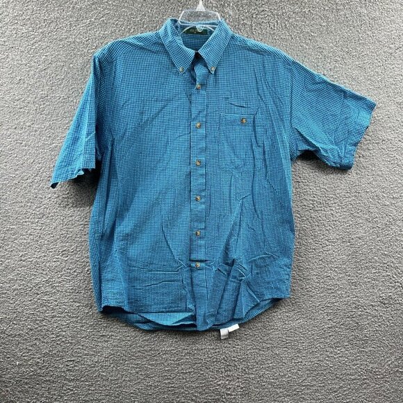 Orvis Men Shirt Medium Blue Gingham 100% Cotton Short Sleeve Button Front Pocket - Picture 1 of 8